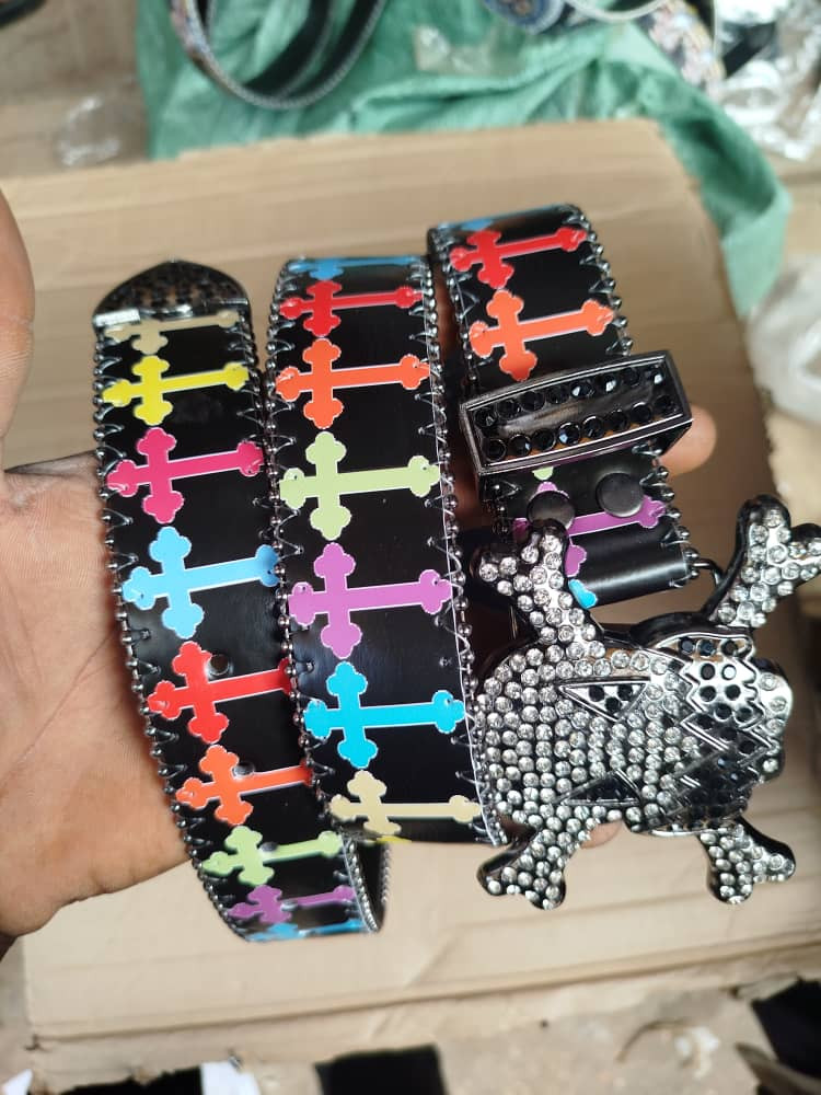 Multicolor Neon Cross Print Leather Belt Black Base Silver Studs Ornate Buckle Punk Goth Streetwear Unisex Chrome Hearts Inspired Hype Accessory