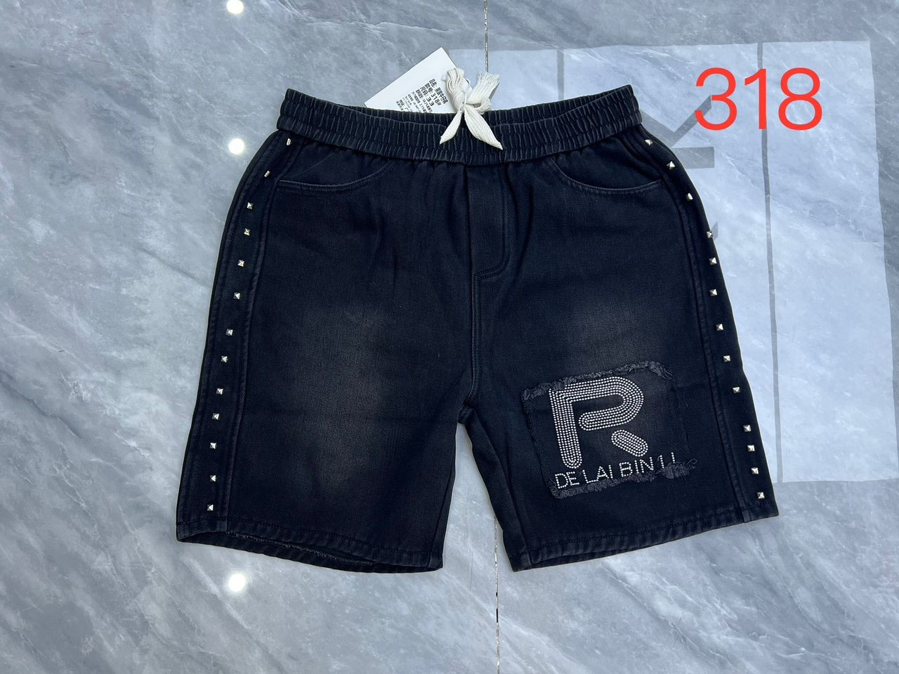 Men's Premium Black Denim Shorts – Sparkling "R" Embroidered Patch with Metallic Side Studs & Elastic Drawstring Waist – Modern Designer Streetwear