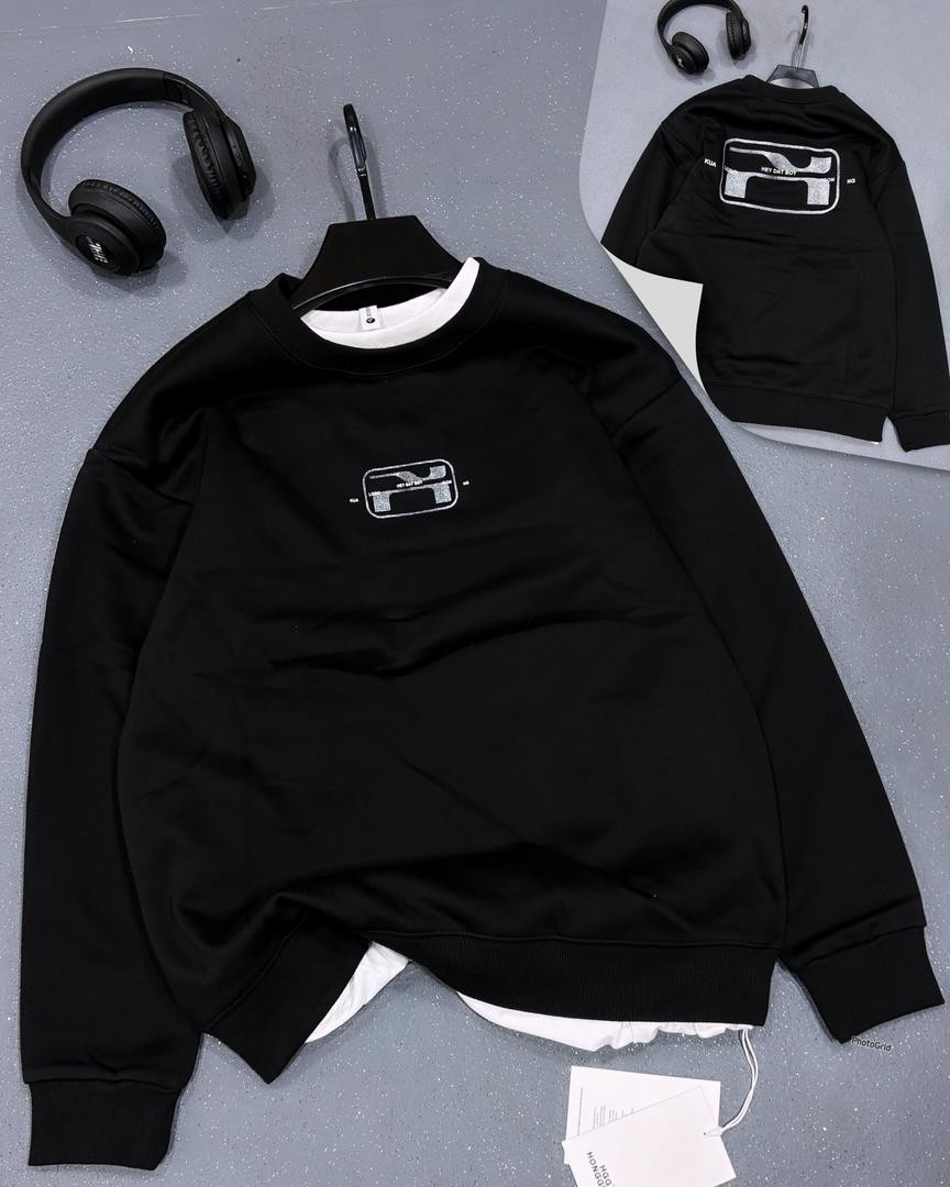 Men's Reflective Cyber Graphic Crewneck - Black Streetwear Oversized Pullover - Urban Tech-Wear Fleece Sweatshirt