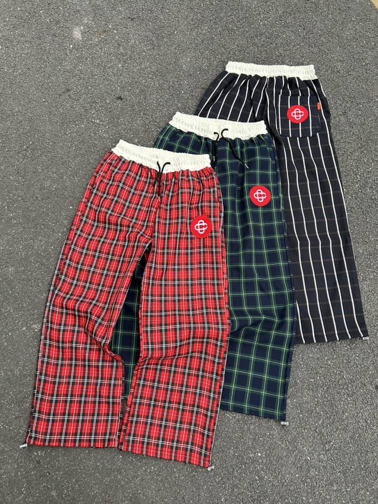 Oversized Plaid Lounge Pants Drawstring Waist Embroidered Logo Wide-Leg Pajama Trousers Red/Green/Navy