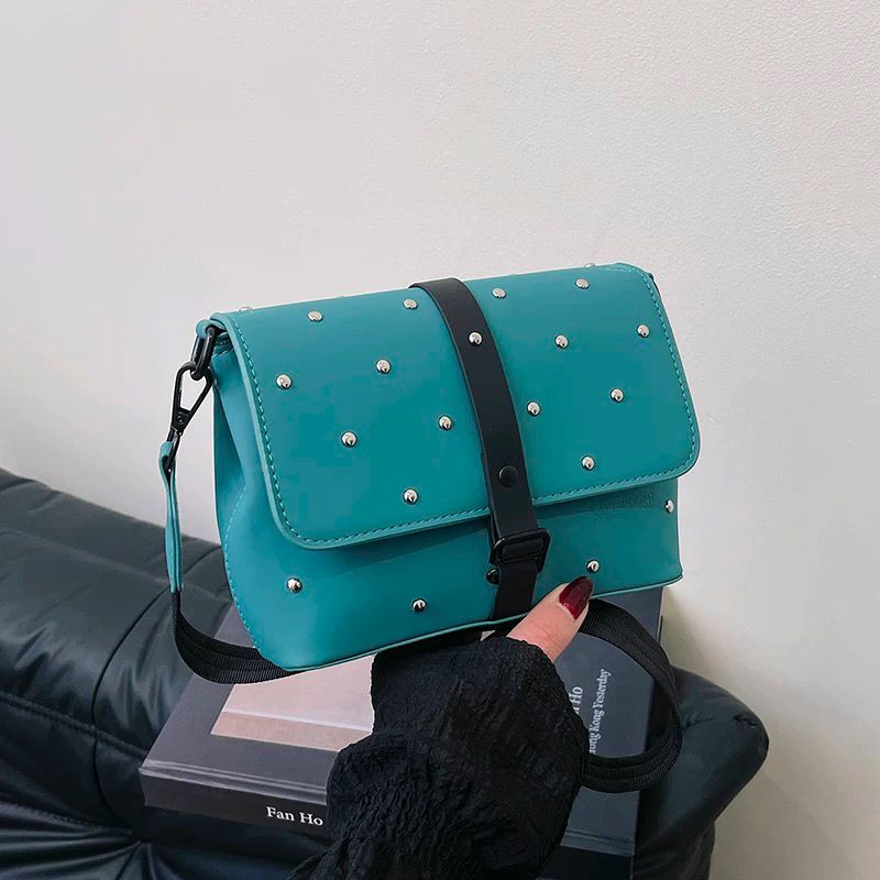 Teal Studded Mini Crossbody Bag Faux Leather Flap Purse Adjustable Black Strap Trendy Shoulder Bag