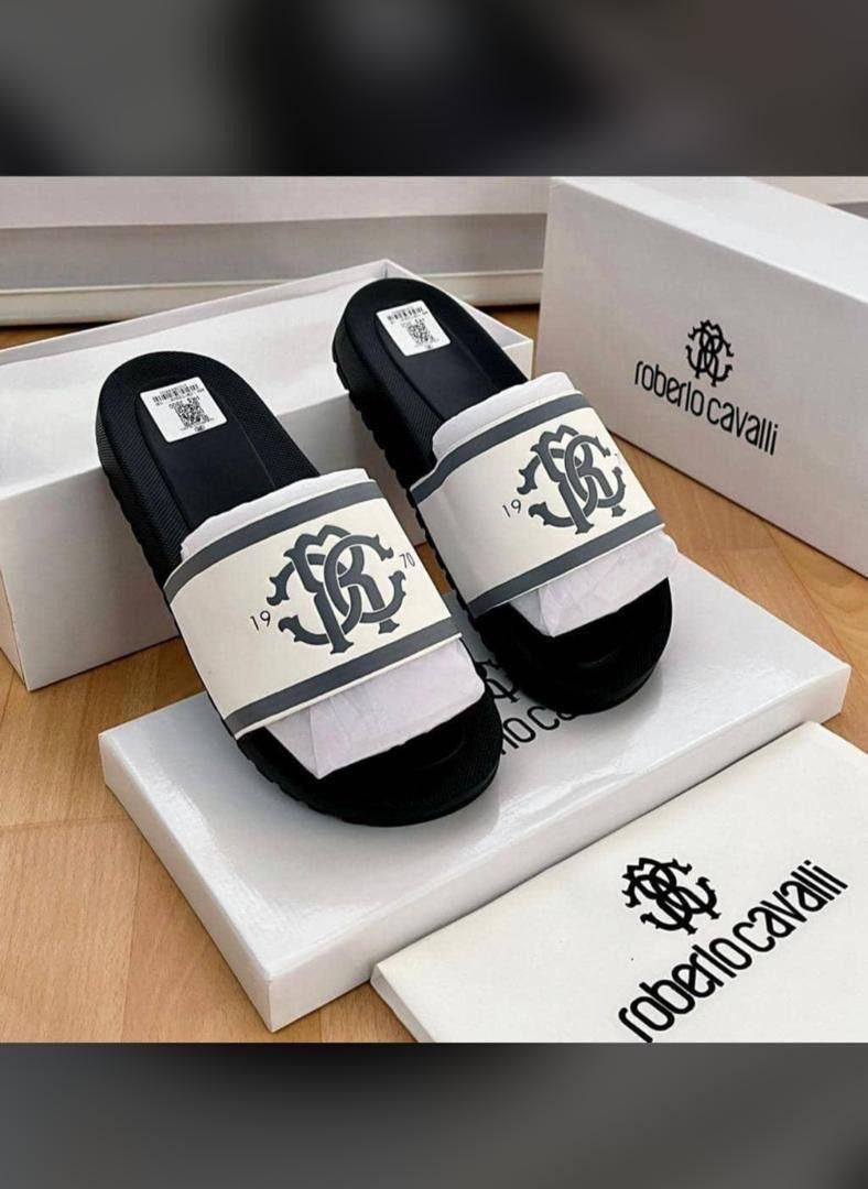 Black White Roberto Cavalli Inspired Platform Slides RC Monogram Logo Thick Sole Slip On Streetwear Unisex Fashion Casual Sandals Hype Beach Pool Shoes