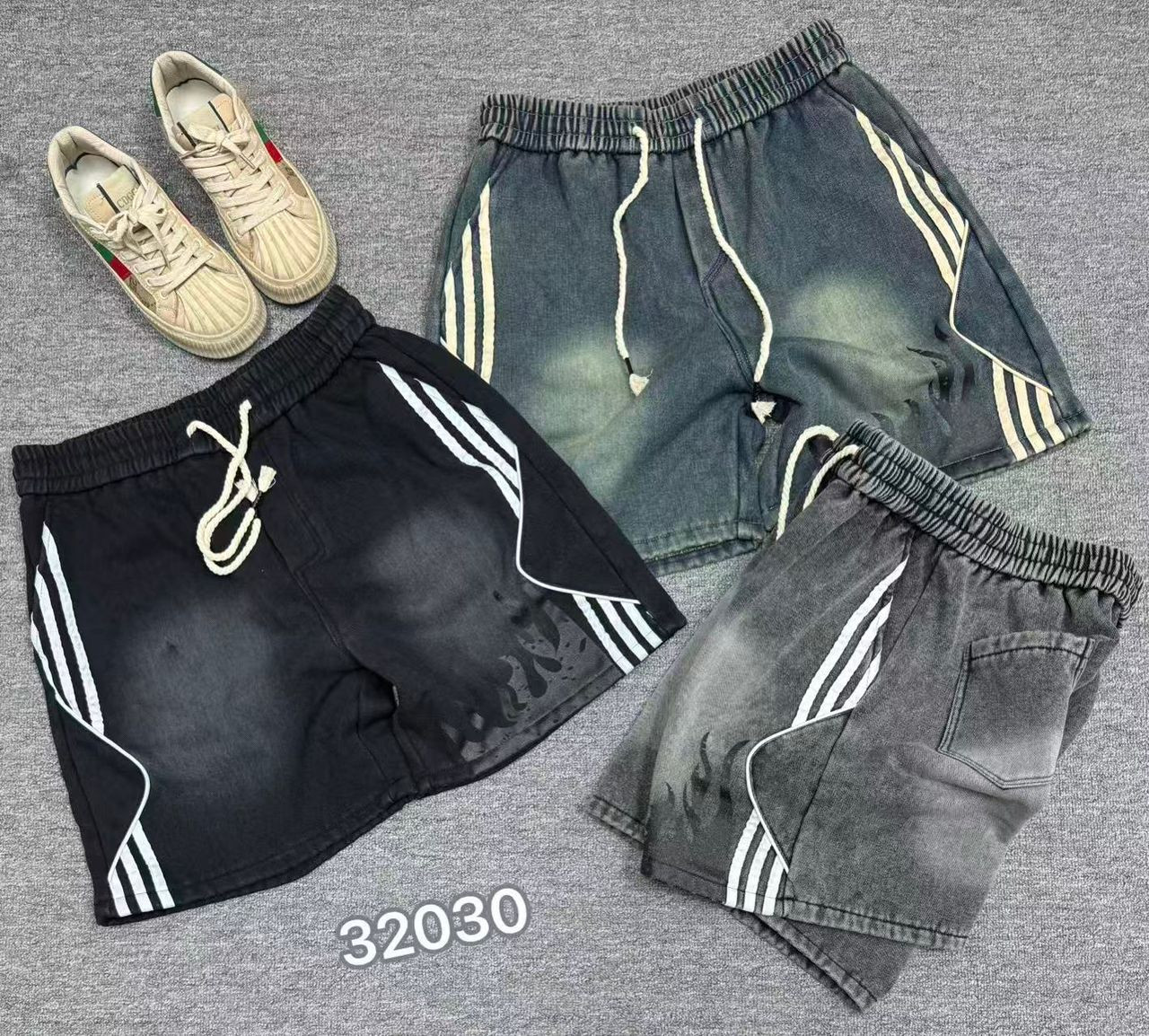 Baggy Denim Cargo Shorts - Black/Grey/Blue Stripe Elastic Waist Unisex