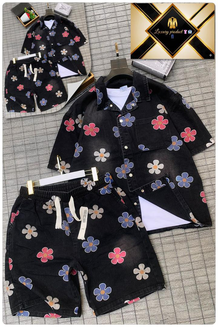 Men's Vintage Black Faded Denim Streetwear Set - Short Sleeve Button-Down Shirt & Drawstring Shorts - 2-Piece Distressed Hip Hop Co-ord Outfit