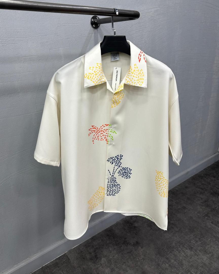Cream White Abstract Dotted Print Shirt Short Sleeve Satin Button Up Colorful Burst Pattern Streetwear Casual Top DNZ Style