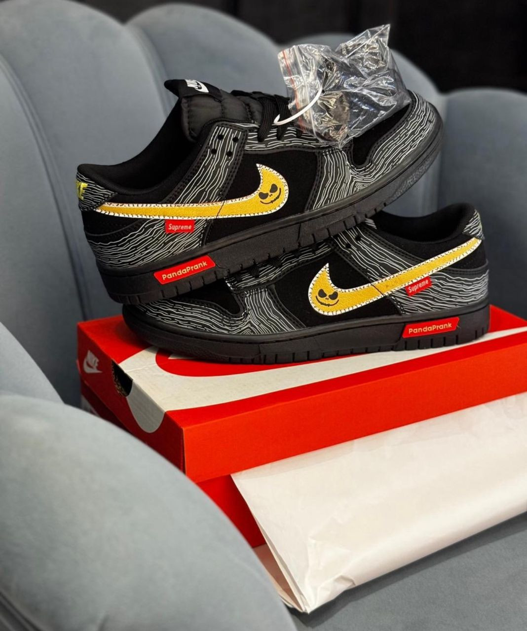 Black PandaPrank Supreme Inspired Nike SB Dunk Low Custom Yellow Stitched Smiley Wavy Texture