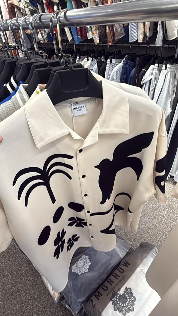 Men's Abstract Silhouette Resort Shirt - Cream Short Sleeve Button-Down with Organic Black Graphics - Minimalist Artist Series Streetwear - Relaxed Fit Camp Collar Summer Top