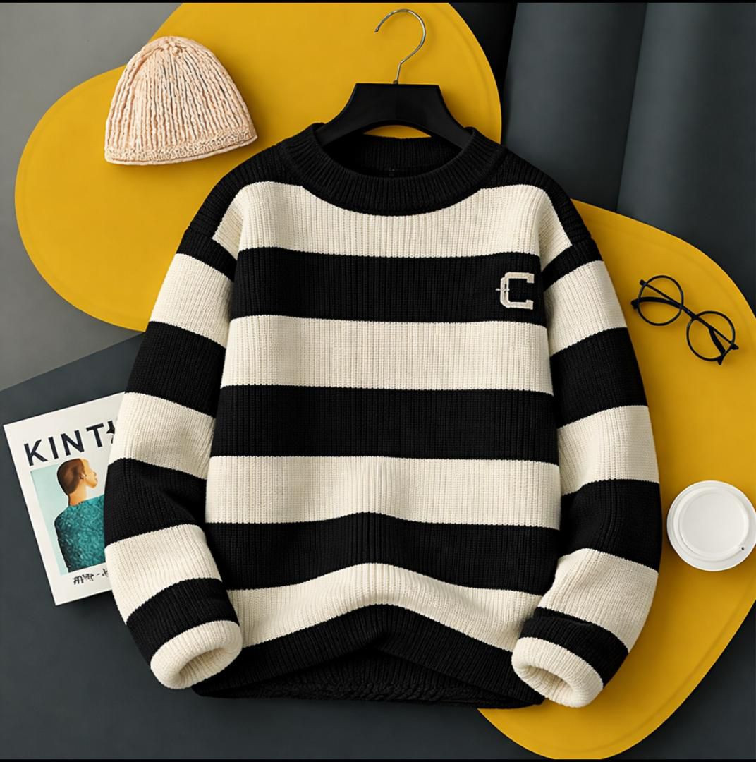 Gray Cream Striped Knit Sweater Oversized Ribbed Crewneck Pullover Textured Striped Jumper "C" Embroidery