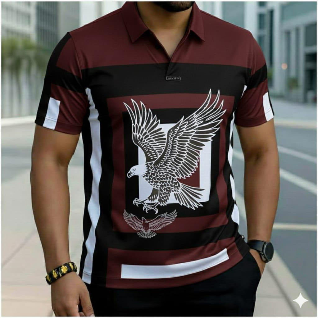 Maroon Black Plaid Polo Shirt White Eagle Graphic Embroidery Short Sleeve Casual Streetwear Polo