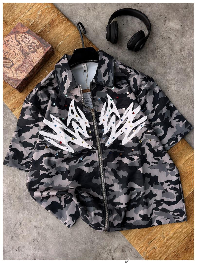 Gray Camo Satin Bomber Jacket Rhinestone Flame Wing Embellished Short Sleeve Zip Streetwear Casual Outerwear