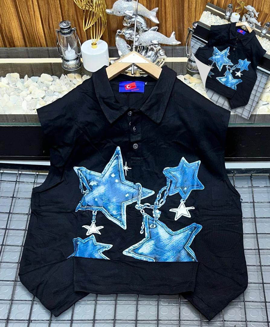 Men's Gray Sleeveless Polo Shirt with Blue Denim Star Chain Graphic - Y2K Streetwear Casual Vest Top