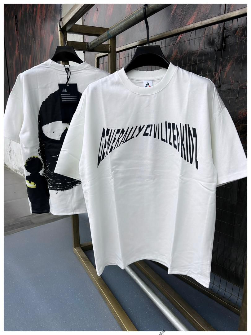 Relaxed Fit White Graphic Tee - GENERALLY CIVILIZED KID Arched Text & Silhouette Print Unisex Streetwear