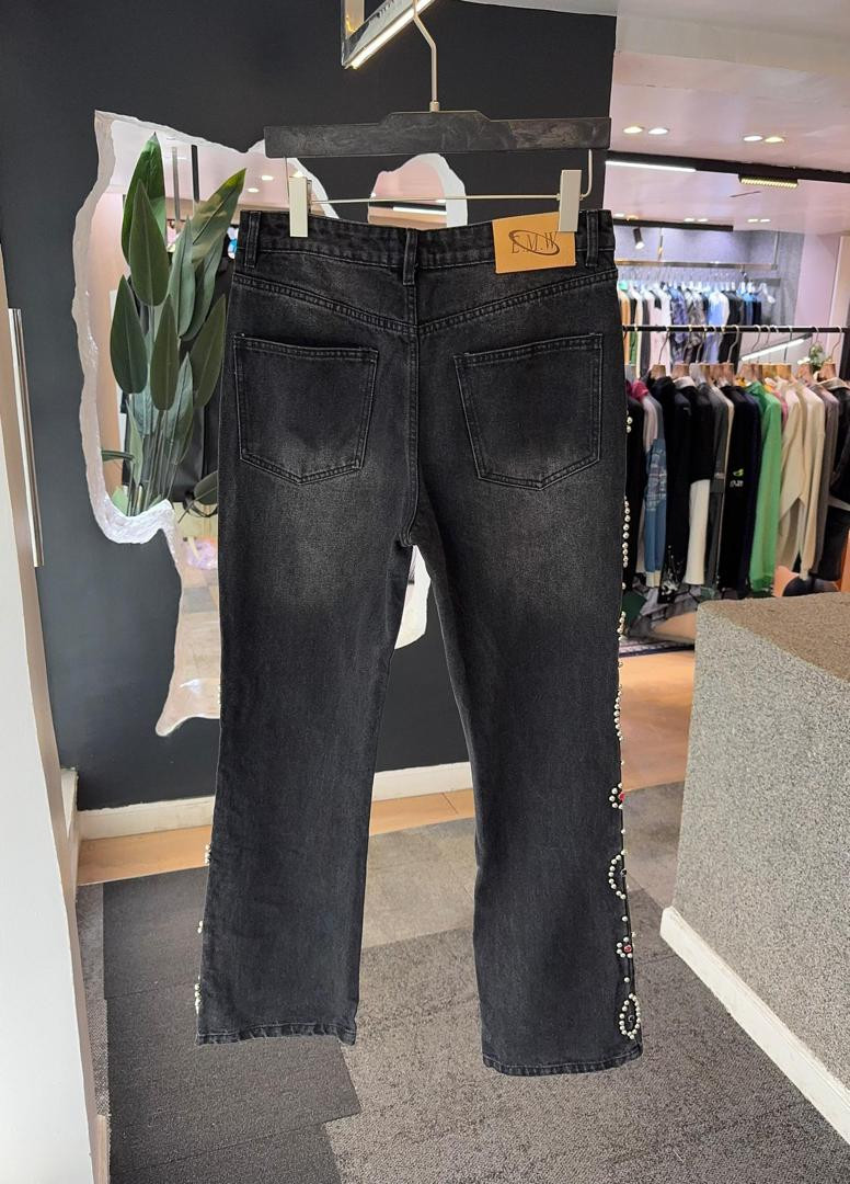 Black Cropped Pearl Jeans Rhinestone Flower Accents Side Beaded Distressed Denim Streetwear Pants