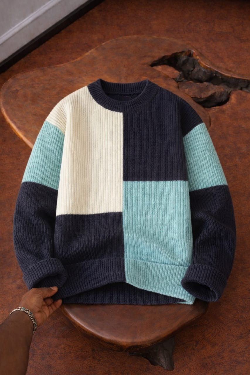 Oversized Color Block Sweater Navy Cream Teal Patchwork Ribbed Knit Crewneck Pullover Streetwear Jumper