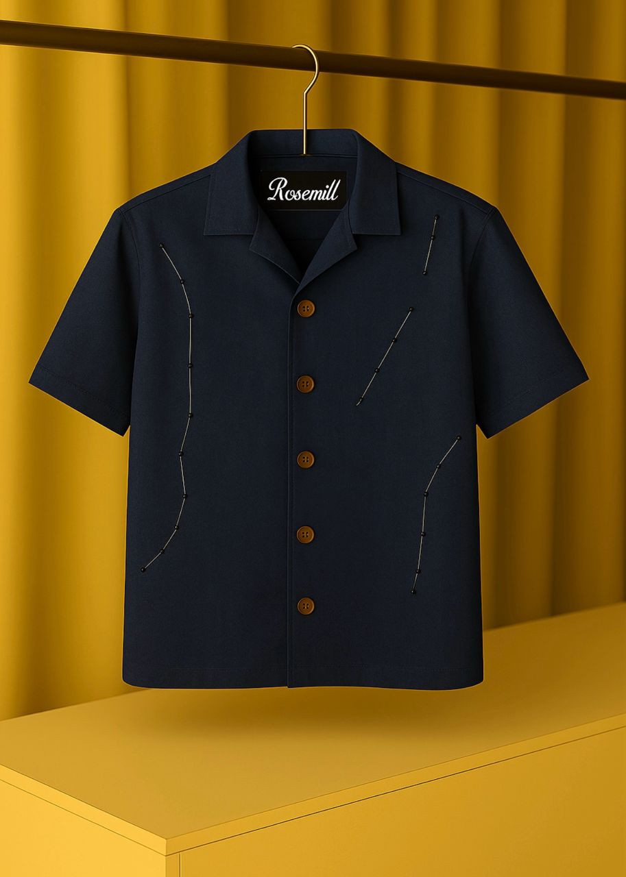 Camp Collar Shirt Short Sleeve Stitch Line Embroidery Button Up Oversized Streetwear Casual Top Rosmill Style