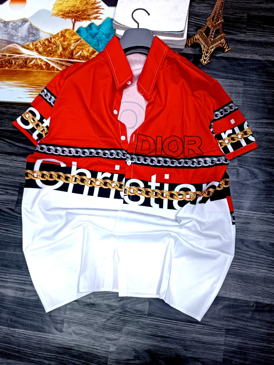 Red Dior Inspired Baroque Chain Print Shirt Short Sleeve Satin Button Up Gold Ornate Camp Collar Streetwear Casual Top DNZ Style