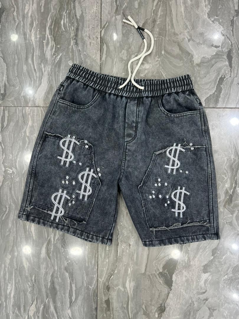 Men's Premium Black Denim Shorts – High-Contrast Red Flame Embroidery with Distressed Panel Accents & Elastic Drawstring Waist – Bold Urban Streetwear