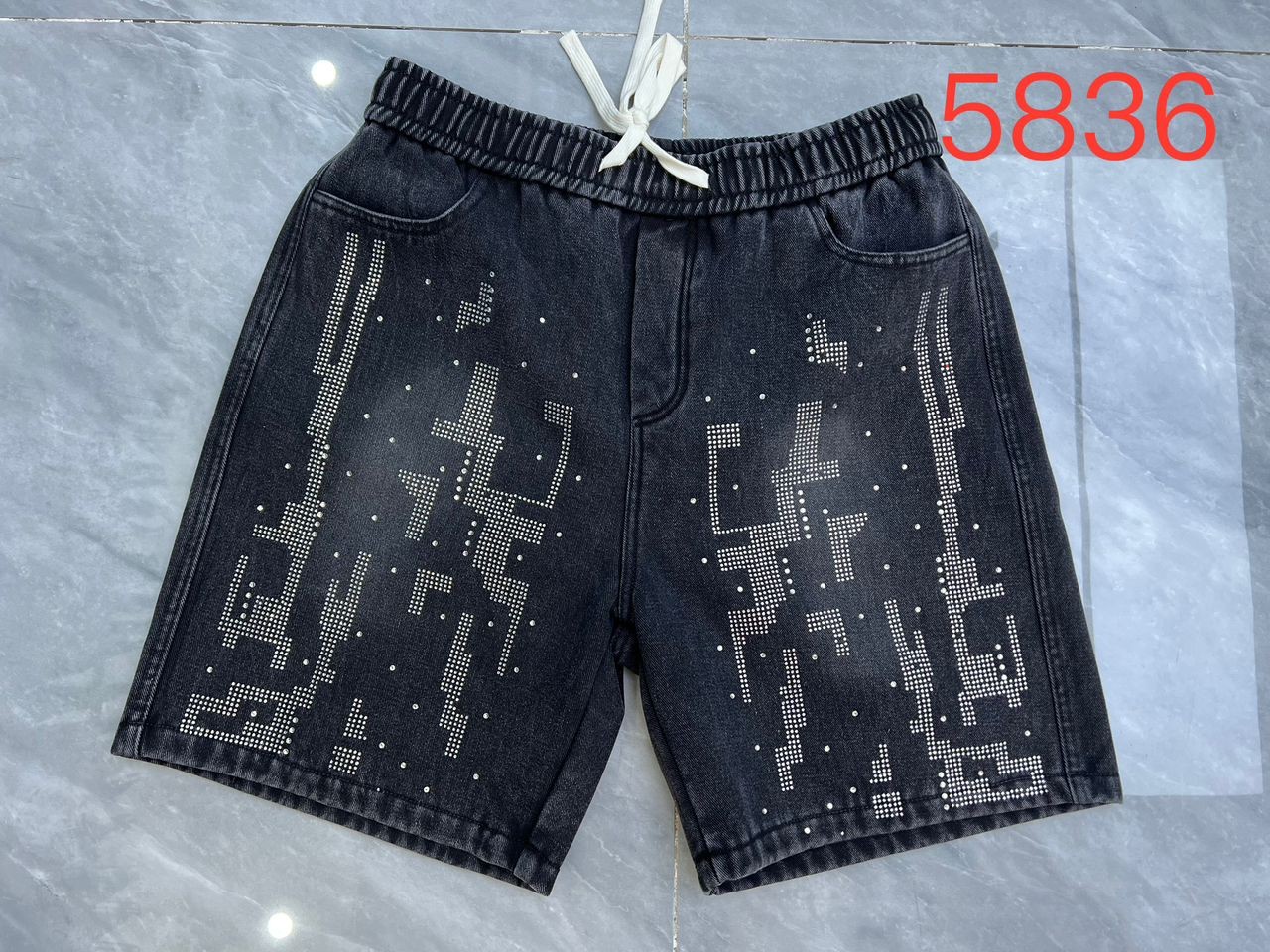 Black Denim Shorts – Luxury Abstract Geometric Rhinestone Pattern with Relaxed Fit & Elastic Drawstring Waist – High-End Urban Streetwear
