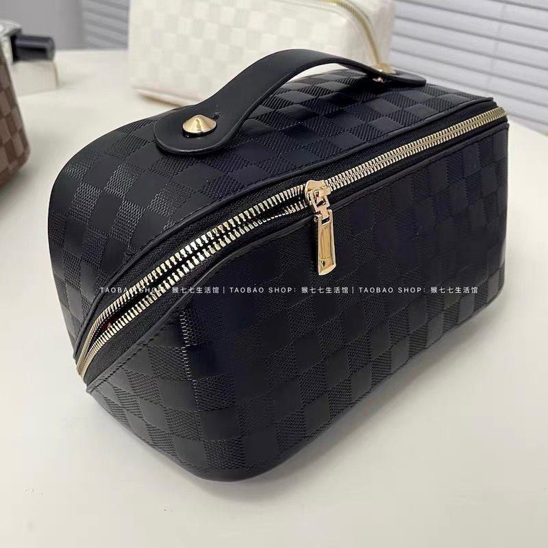 Black Damier Ebene Toiletry Pouch LV-Inspired Checkered Canvas Cosmetic Bag Zipper Travel Kit
