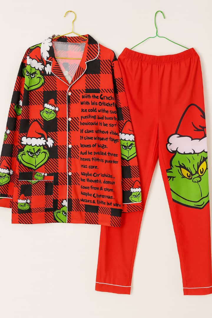 Grinch Christmas Pajama Set Red Plaid Shirt with Poem Print + Red Pants with Grinch Portrait Holiday Sleepwear
