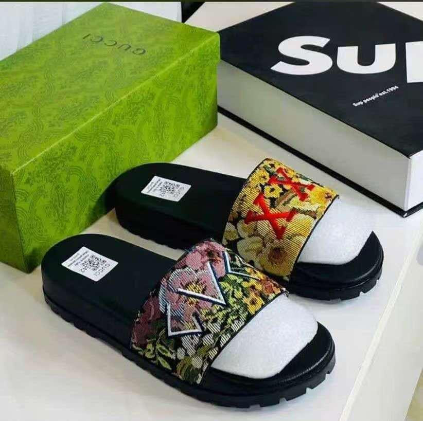 Black Chunky Slides Floral Jacquard Strap Red X Arrow Print Platform Sole Unisex Hype Casual Slippers Off-White Inspired