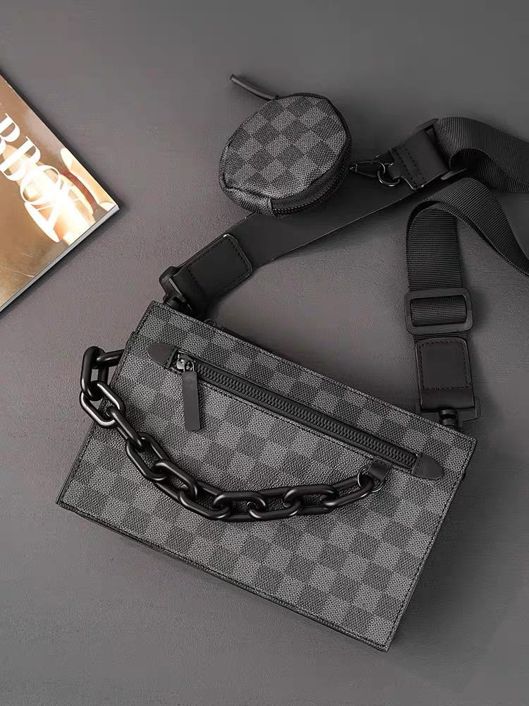 Gray GG Monogram Mini Crossbody Bag Black Chain Strap Detachable Coin Pouch Canvas Shoulder Purse
