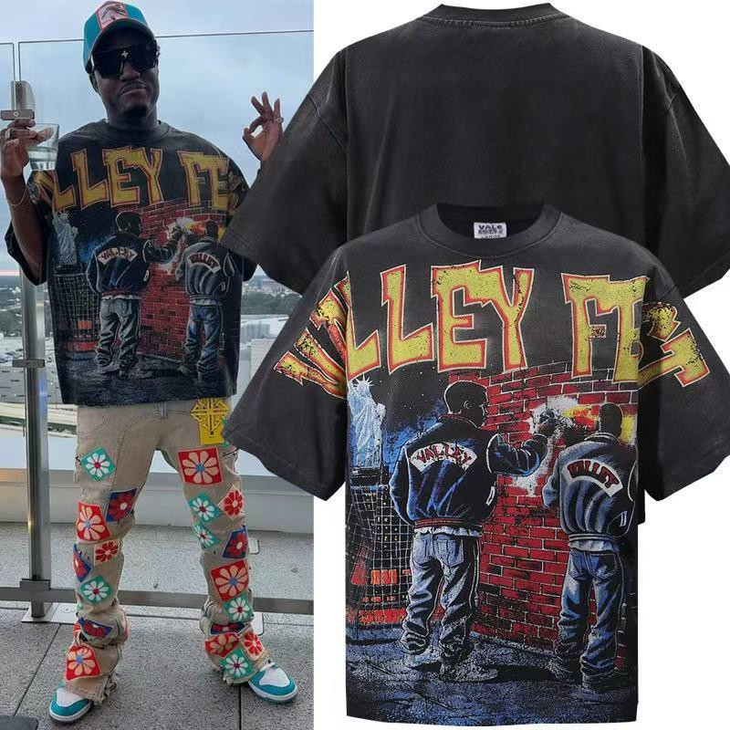 VALLEY MFA Graphic Tee Streetwear Oversized Vintage Wash Graffiti Print T-Shirt Hip Hop Urban