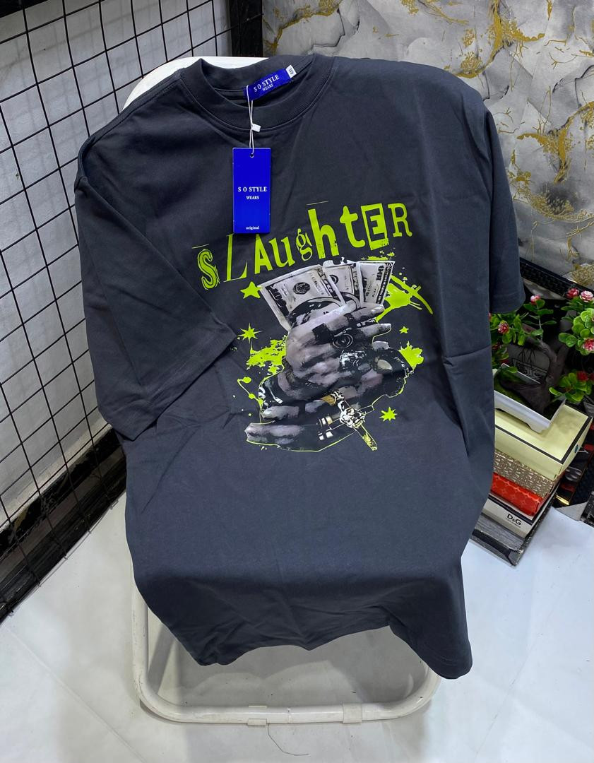 Charcoal Grey Oversized Tee SLAUGHTER Money Stack Graphic Neon Yellow Drip Streetwear Unisex Hype Casual Short Sleeve Shirt