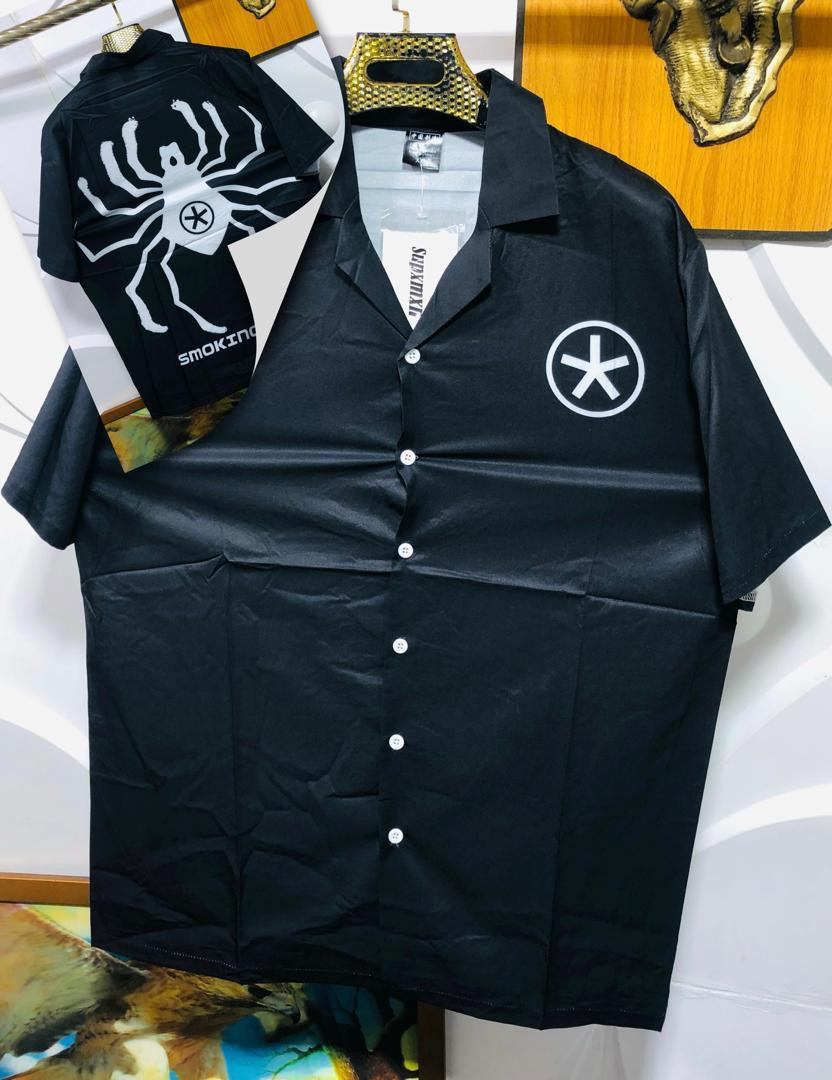 Black Spider Circle X Print Shirt Short Sleeve Satin Button Up White Graphic Camp Collar Streetwear Casual Top DNZ Style
