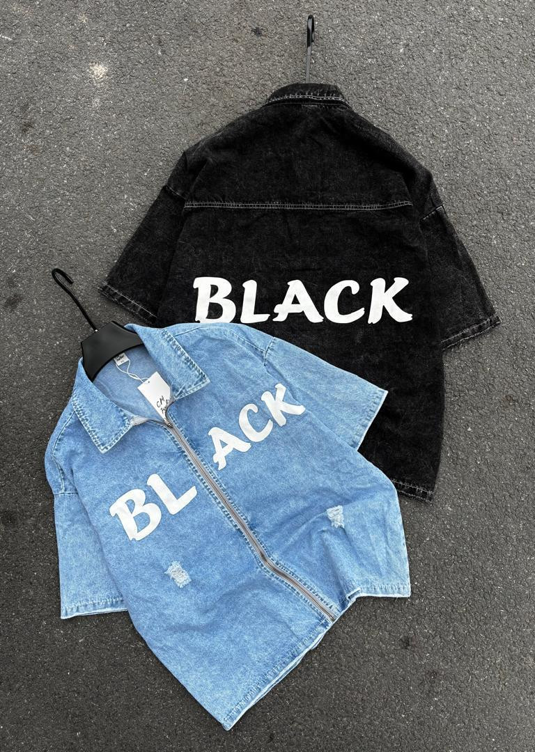 Oversized Cropped Denim Jacket - "BLACK" Graphic Print Back - Black Wash or Light Blue Zip-Up Streetwear