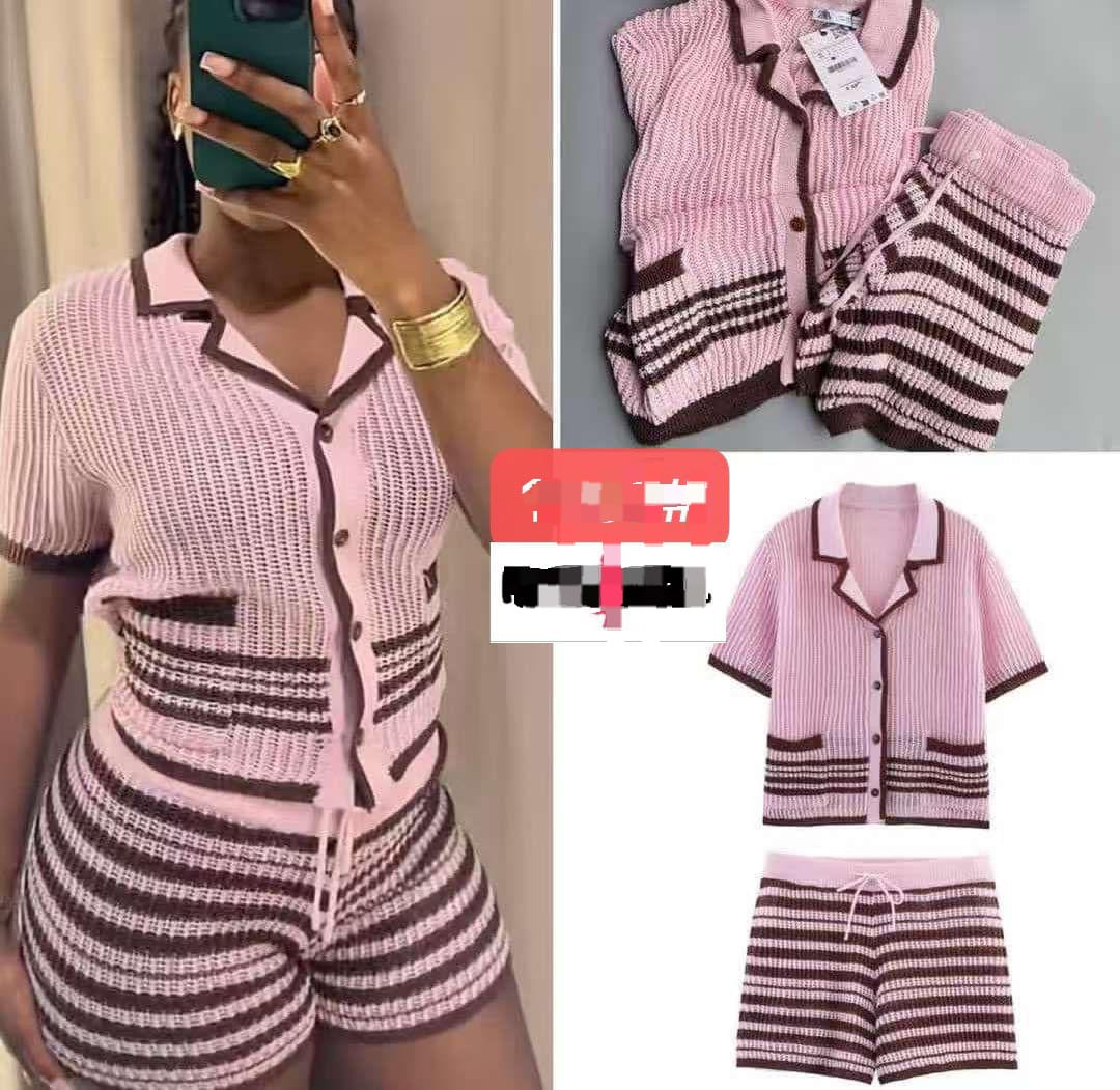 Pink Brown Striped Knit Co-ord Set - Short Sleeve Button Top & Shorts Lounge Outfit Women's