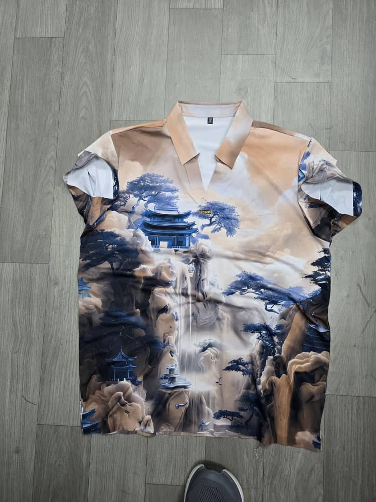 Beige Scenic Landscape Polo Shirt All-Over Pagoda Waterfall Print Short Sleeve Casual Luxury Polo