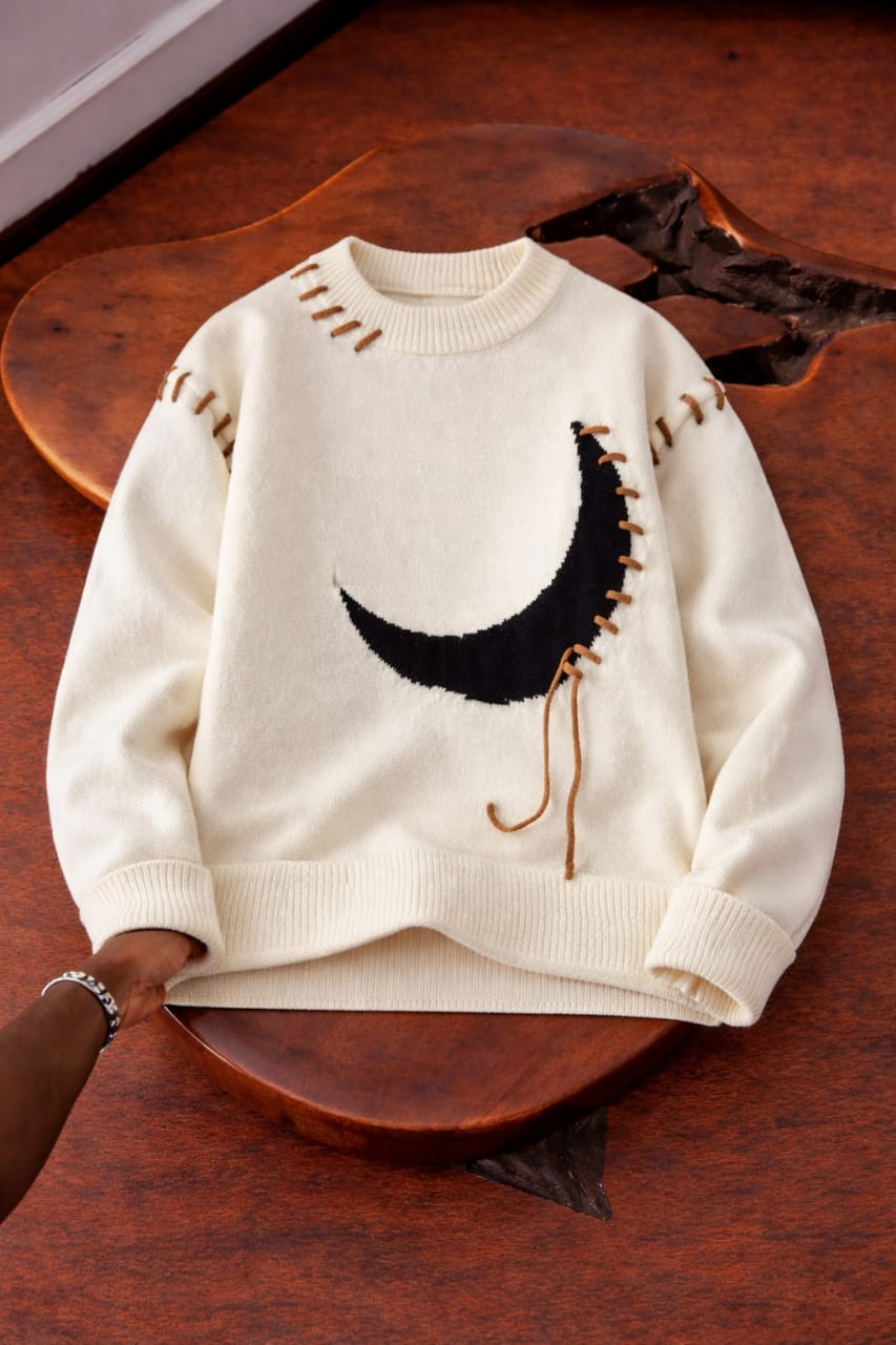 Cream Oversized Crescent Moon Sweater Black Moon Graphic Brown Leather Lace Stitching Ribbed Knit Pullover Streetwear Jumper