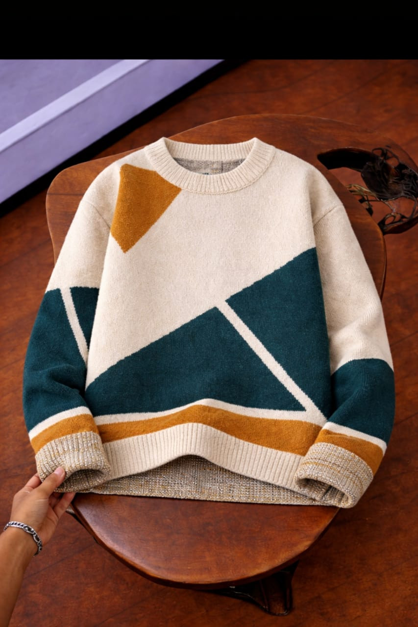 Oversized Geometric Sweater Cream Teal Orange Triangle Color Block Ribbed Knit Crewneck Pullover Streetwear Jumper