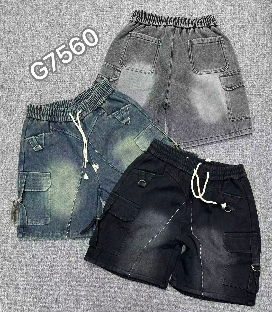 Cargo Shorts - Washed Denim Multi-Pocket Drawstring Men's Streetwear