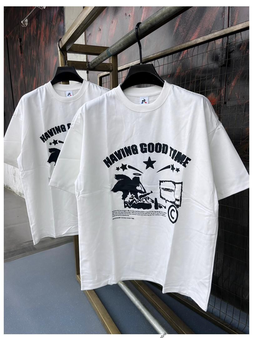 Men's Oversized Graphic T-Shirt - "Having Good Time" Print, Loose Fit Cotton Streetwear Short Sleeve Tee