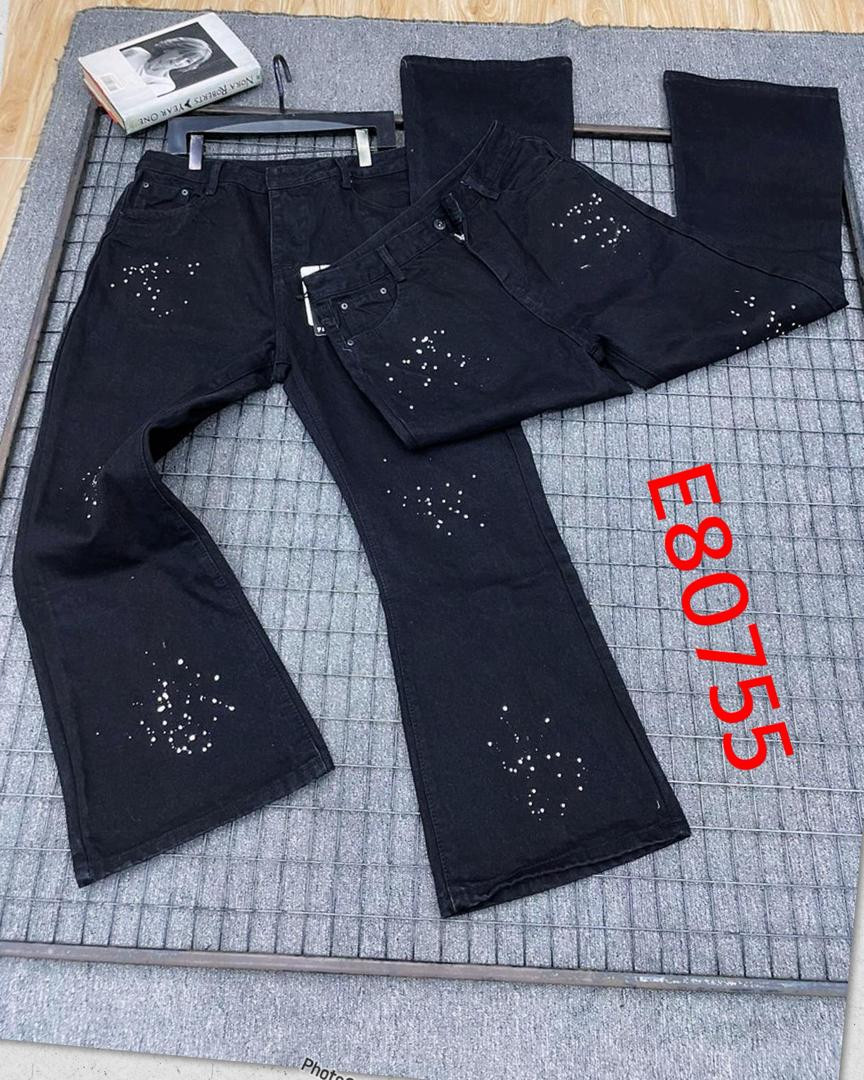 Black Flare Jeans with White Rhinestone Pearl Dots - Y2K Streetwear Sparkly Bell Bottom Denim Pants