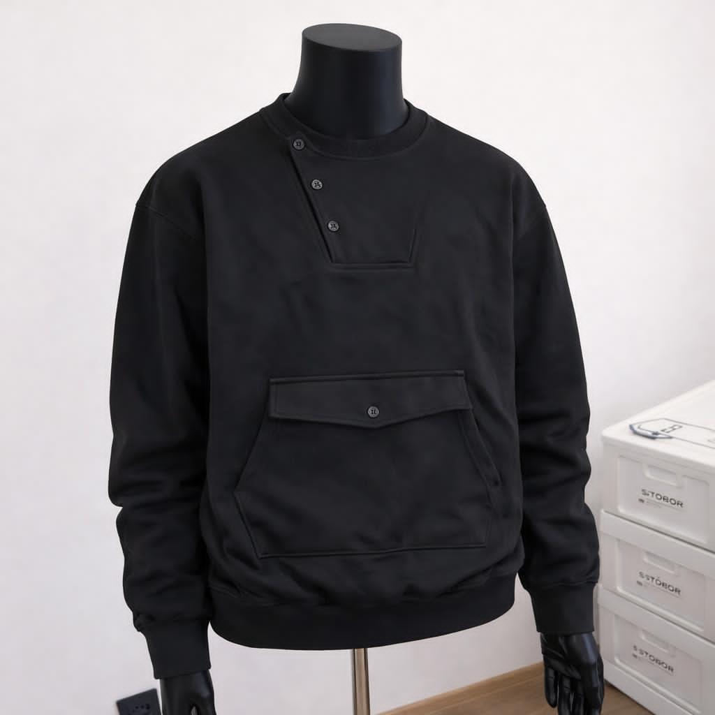 Mock-Neck Henley Sweatshirt Oversized Snap Placket Kangaroo Pocket Casual Streetwear