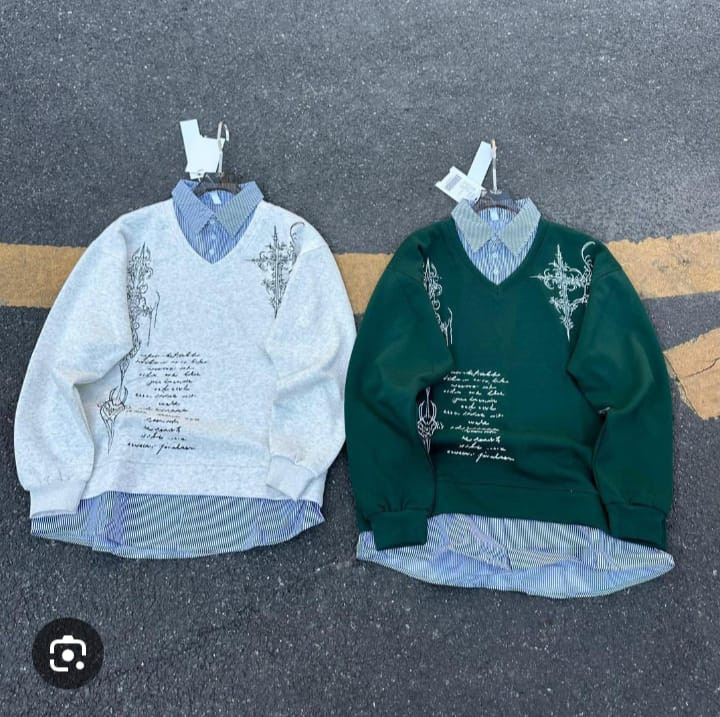 Gothic Polo Illusion Sweatshirt - Oversized Layered Cross Embroidery Top