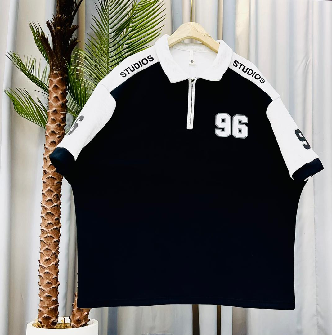 Red Oversized Quarter-Zip Polo Sweatshirt STUDIOS 96 Print Raglan Sleeve Streetwear Pullover