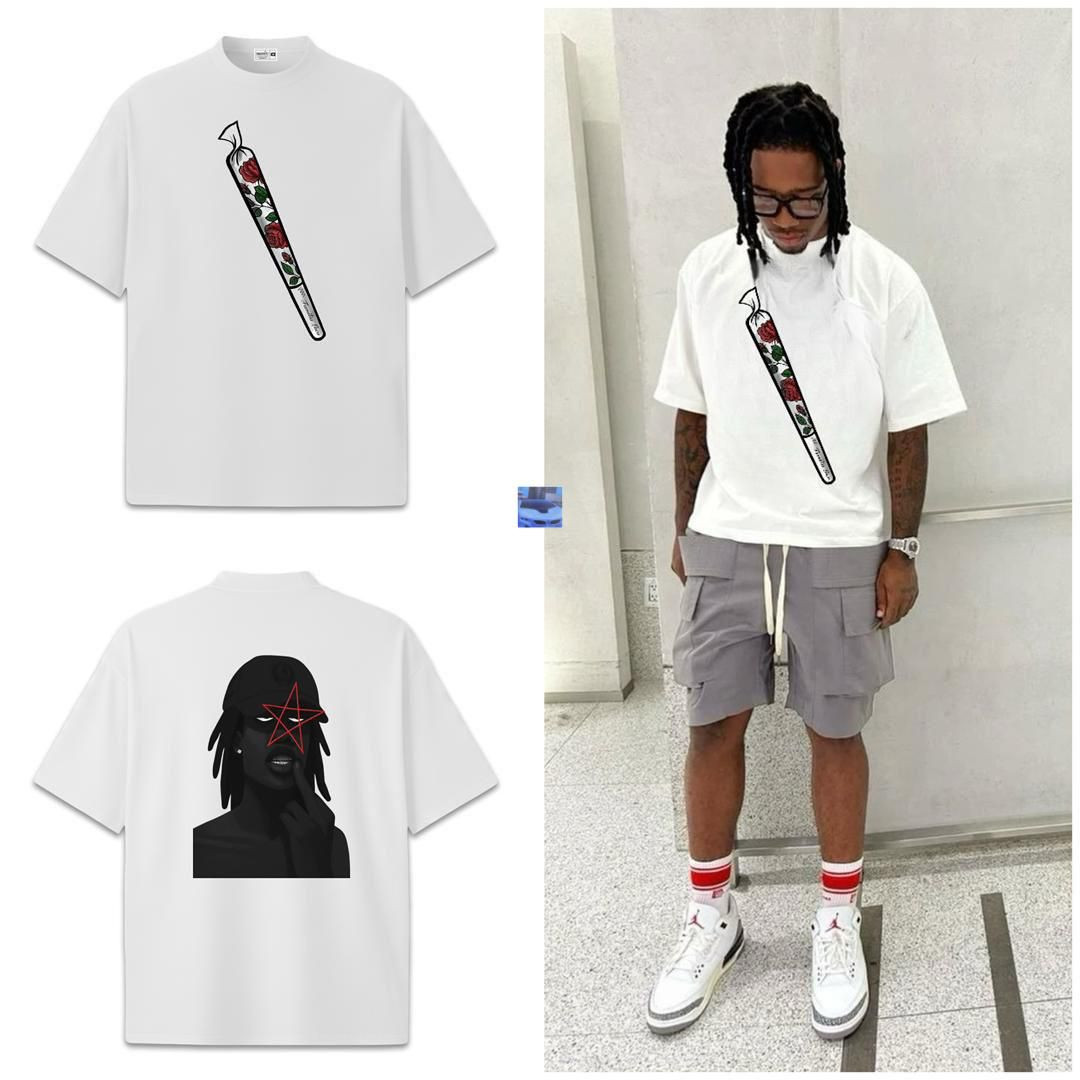 Men’s Gothic Graphic White T-Shirt - Oversized Heavyweight Cotton Tee with Rose Front Print & Dark Portrait Back Graphic - Streetwear Pullover