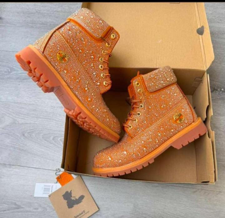 Orange Rhinestone Blinged Timberland Inspired 6-Inch Boots Crystal Iced Out Chunky Waterproof Streetwear Unisex Luxury Hype Boots