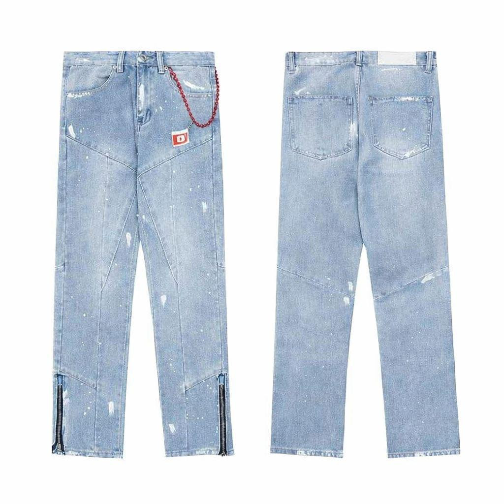 Light Wash Paint Splatter Jeans Red Chain "D" Patch Zipper Hem Distressed Streetwear Baggy Denim Pants