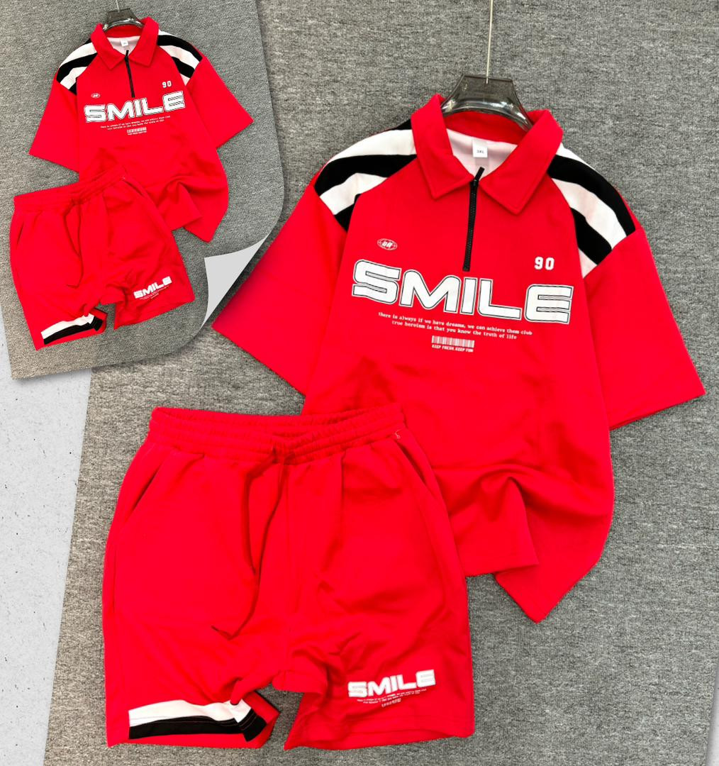 SMILE Oversized Polo & Shorts Set - Red Stripe Rugby Co-ord Streetwear Unisex