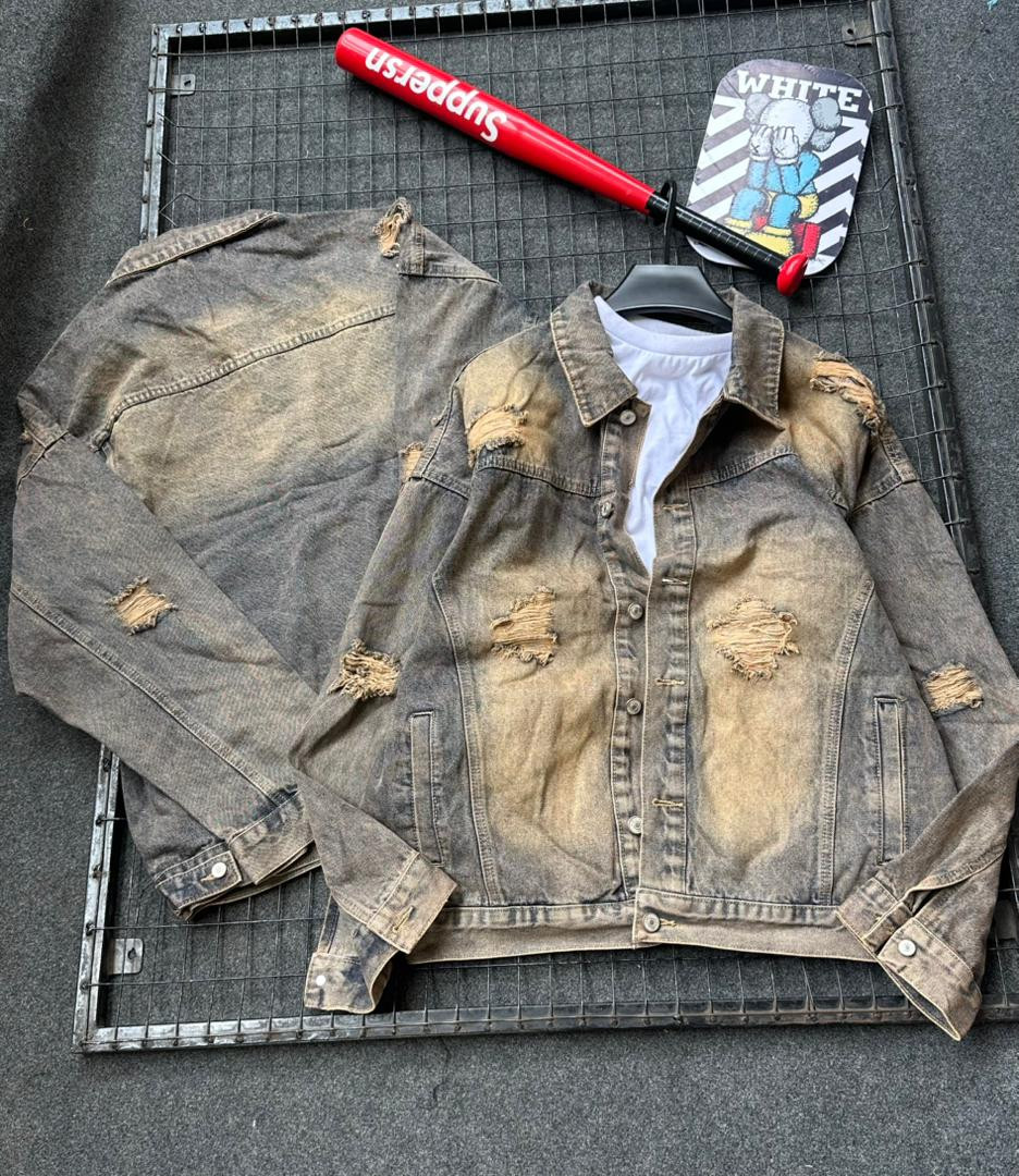 Faded Light Blue Distressed Denim Jacket Ripped Patches Oversized Trucker Streetwear