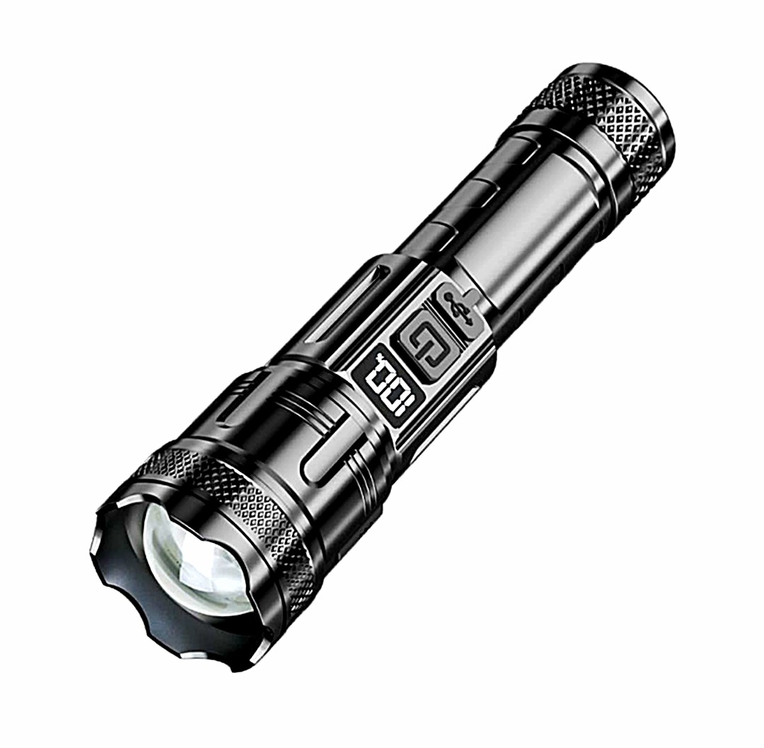 High-Lumen LED Tactical Flashlight - USB Rechargeable Torch with Digital Power Display & Waterproof Design