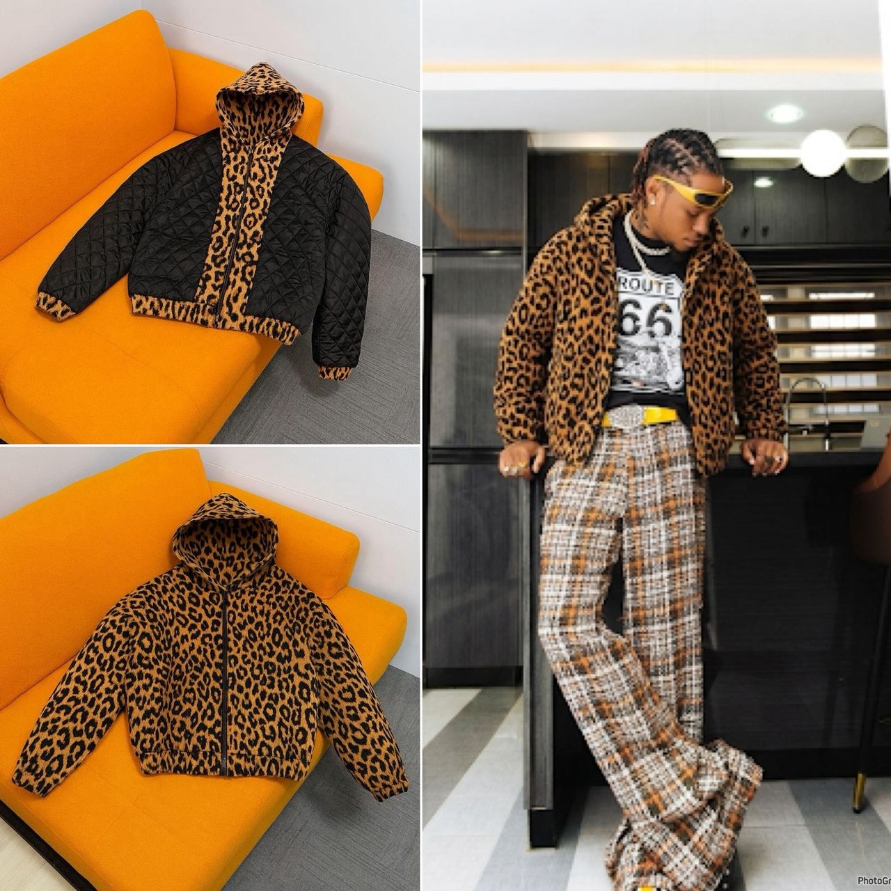 Men’s Reversible Leopard Print Fleece Hoodie - Heavyweight Quilted Puffer Jacket with Full Zip & Oversized Streetwear Fit