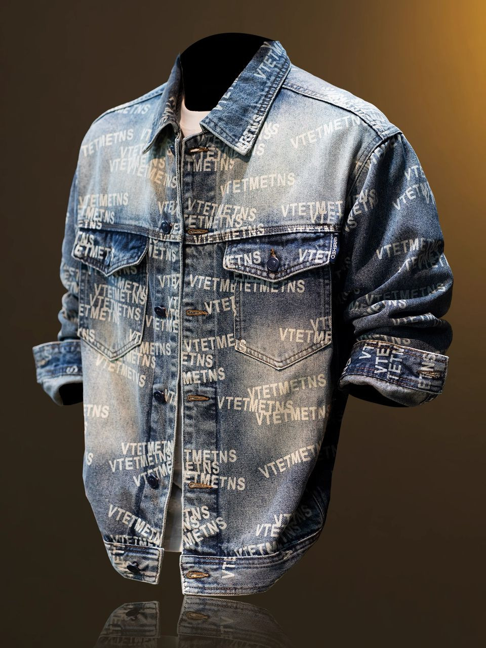 Faded Blue Denim Jacket All-Over "VTETMETNS" Text Print Oversized Streetwear Trucker Jacket Vetements Style