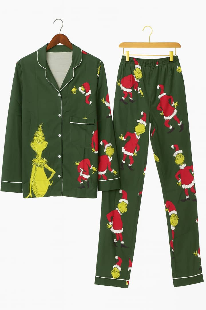 Grinch Christmas Pajama Set Green Long Sleeve Shirt + Matching Pants All-Over Grinch Print Holiday Sleepwear