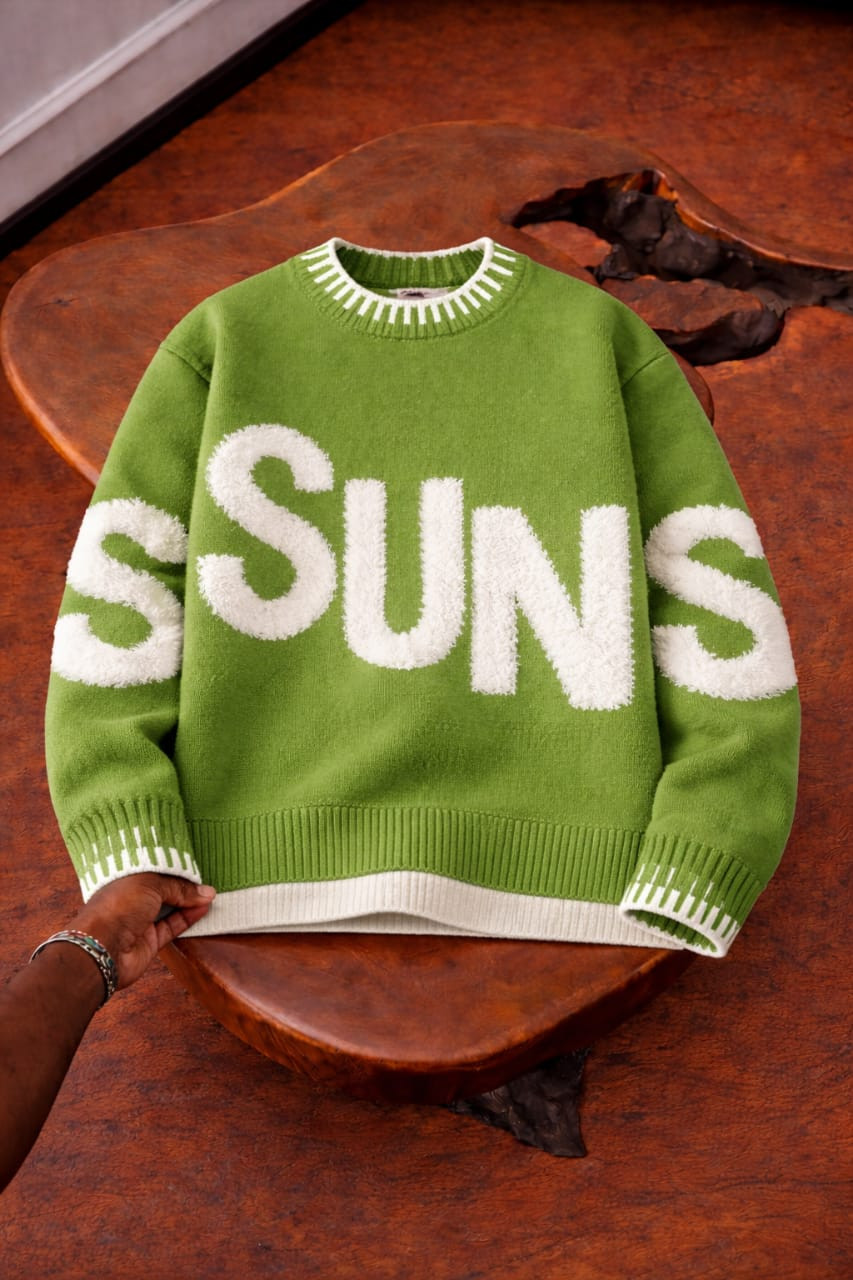 Green Oversized Fuzzy "SUNS" Sweater Crewneck Plush White Letters Ribbed Knit Pullover Streetwear Cozy Jumper